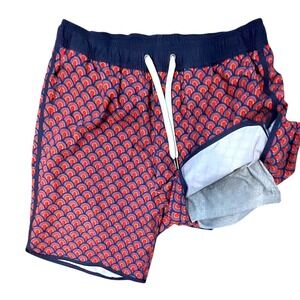 Fair Harbor Size S The Anchor 8" Swim Trunks Red Navy Scallop Pattern Lined